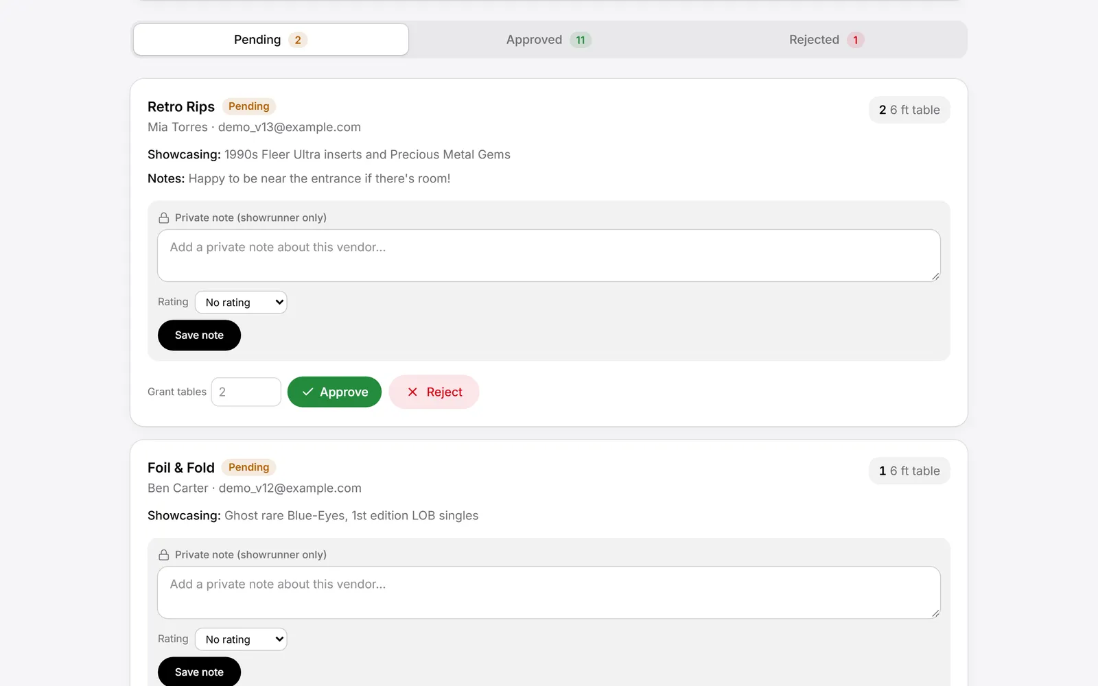 Pending vendor applications with approve and reject buttons