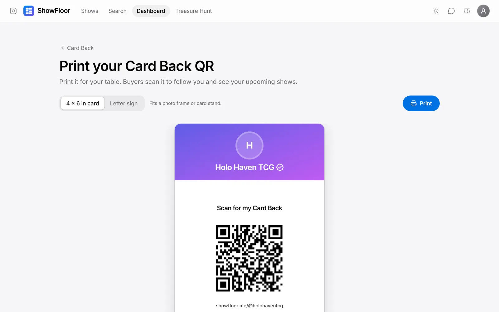 A printable Card Back QR card