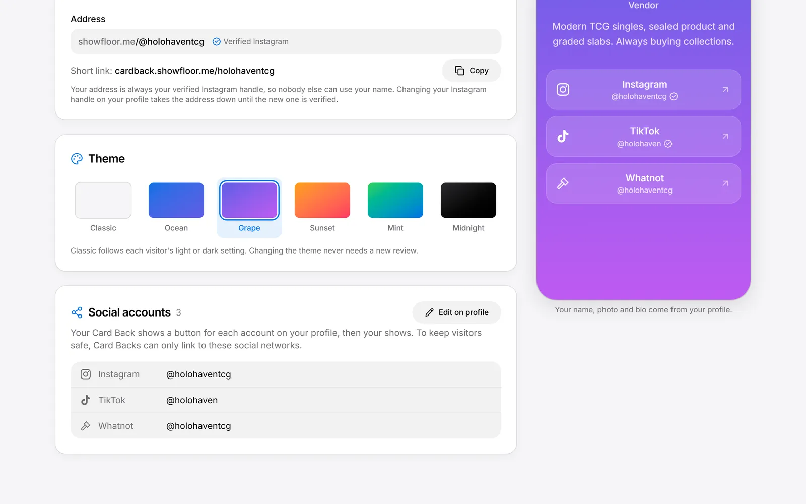The theme picker next to a phone preview of the Card Back