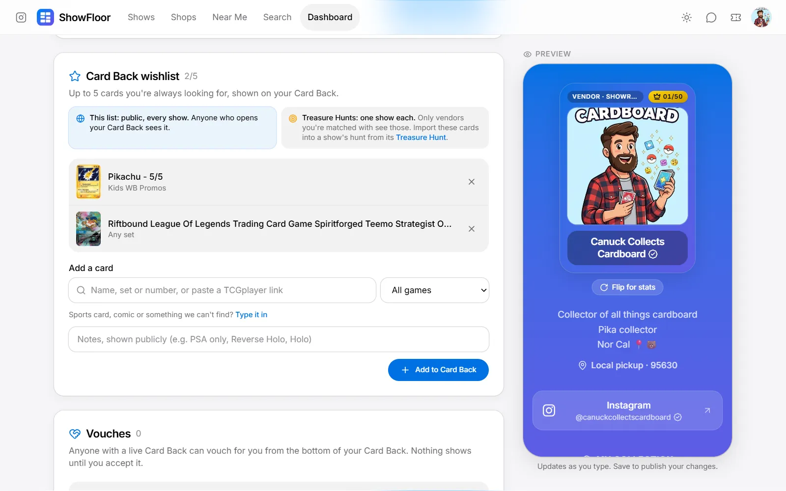 A Card Back wishlist with two cards and a catalog search for adding more