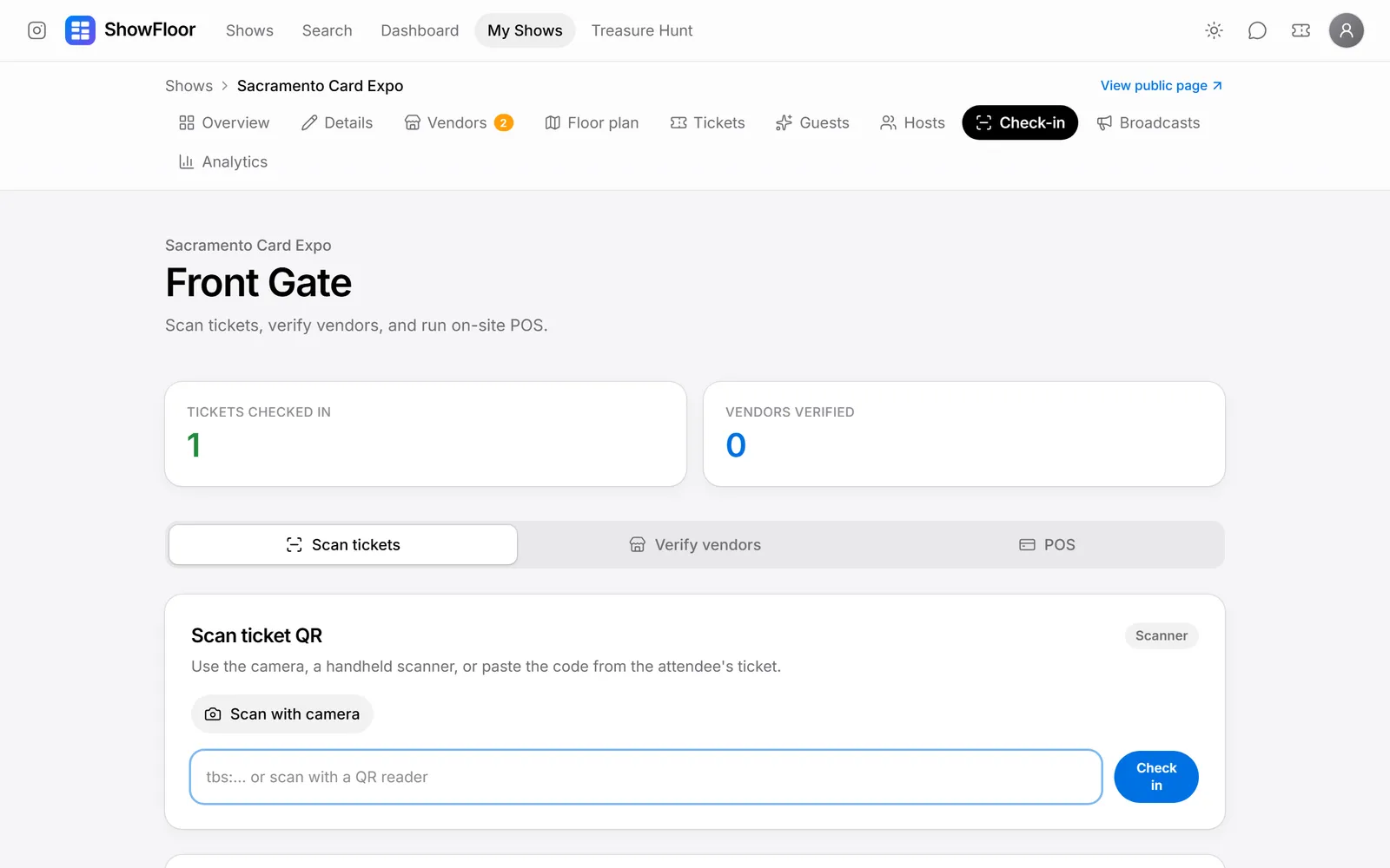 The front gate check-in screen