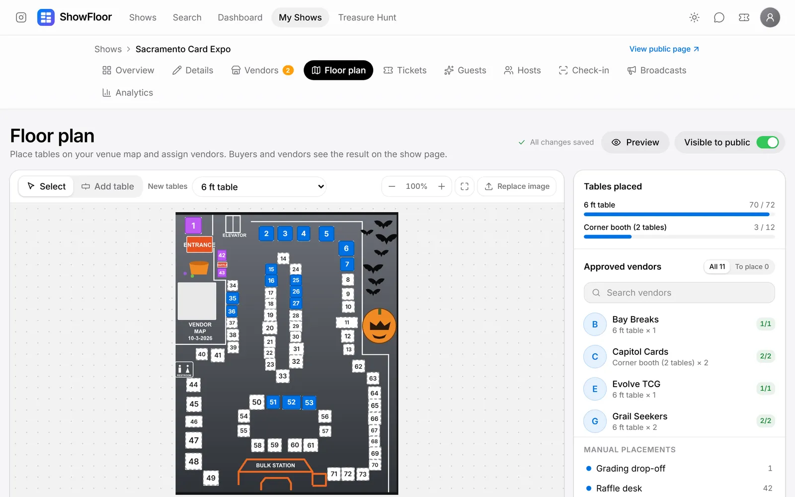 The floor plan editor with tables placed over a venue map
