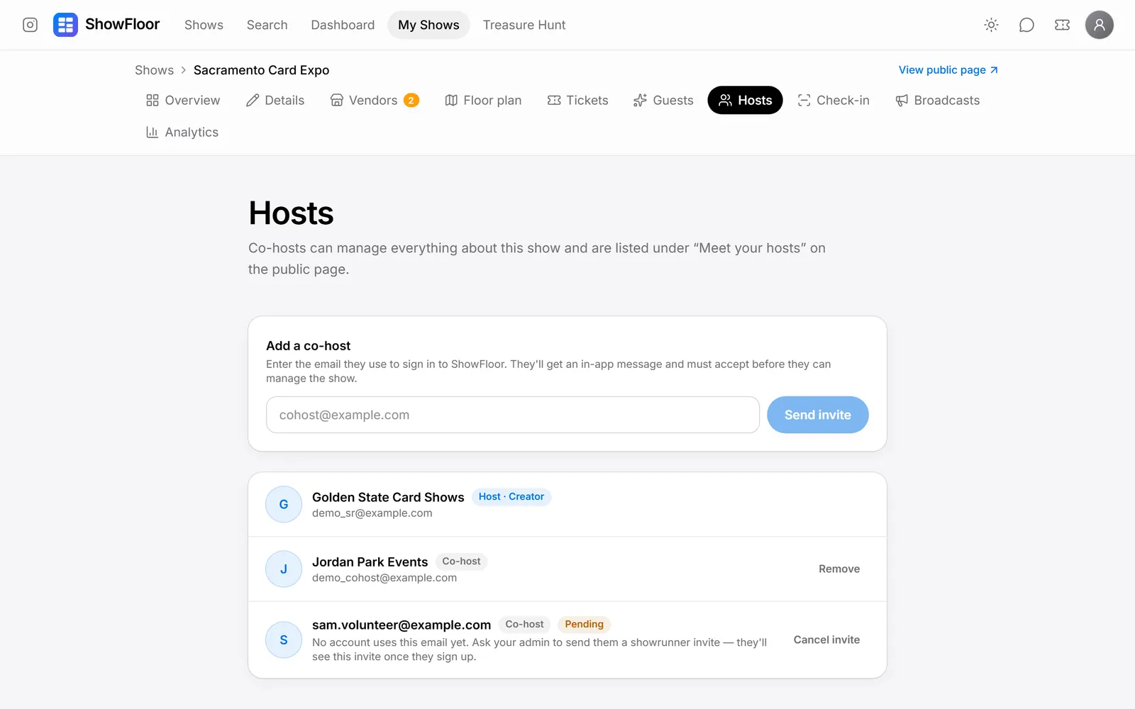 The hosts page with a creator, a co-host and a pending invite