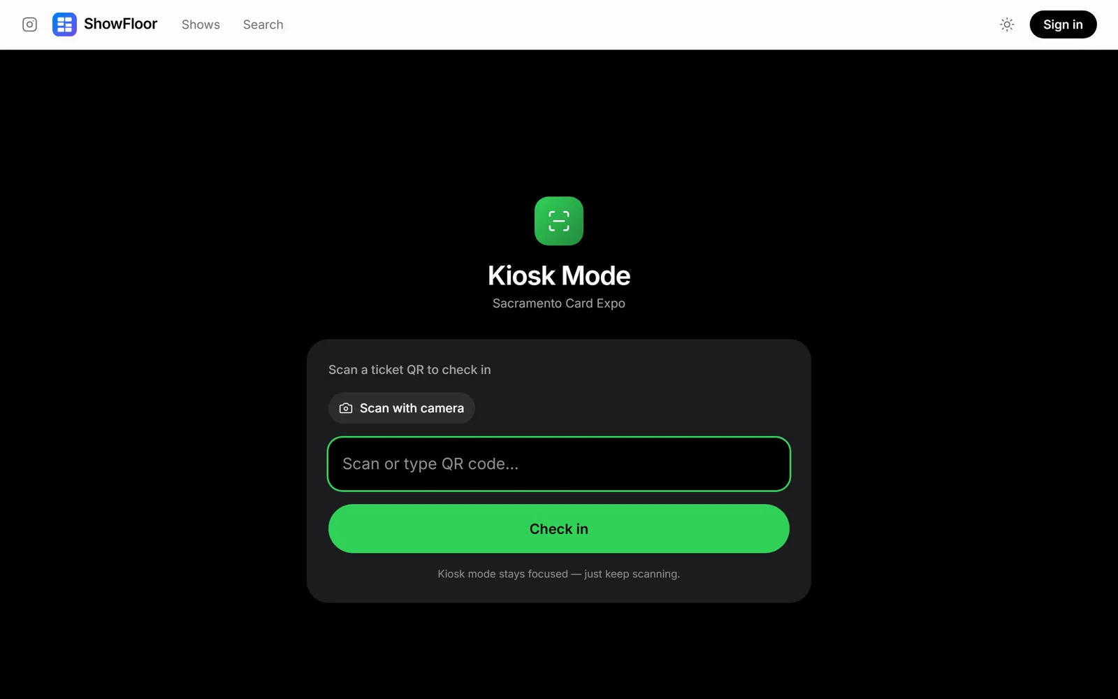 The kiosk check-in screen