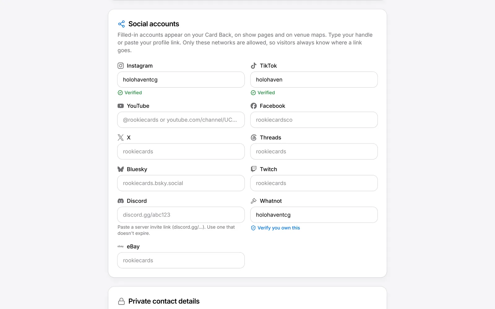 Social account fields with verified Instagram and TikTok