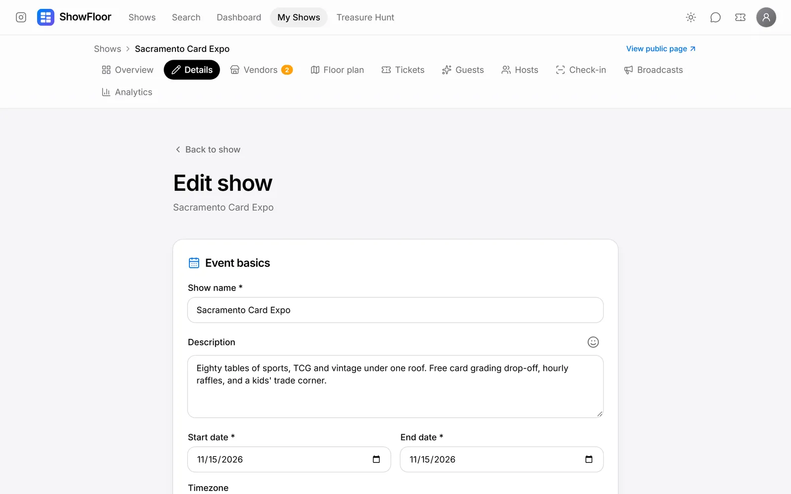 The edit show form
