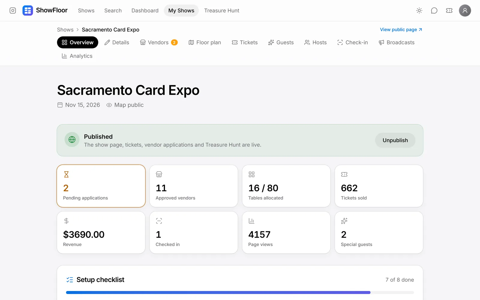 A show overview with stats and a setup checklist