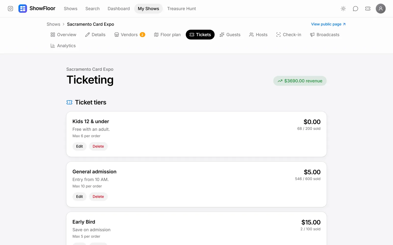 Ticket tiers with prices and sales