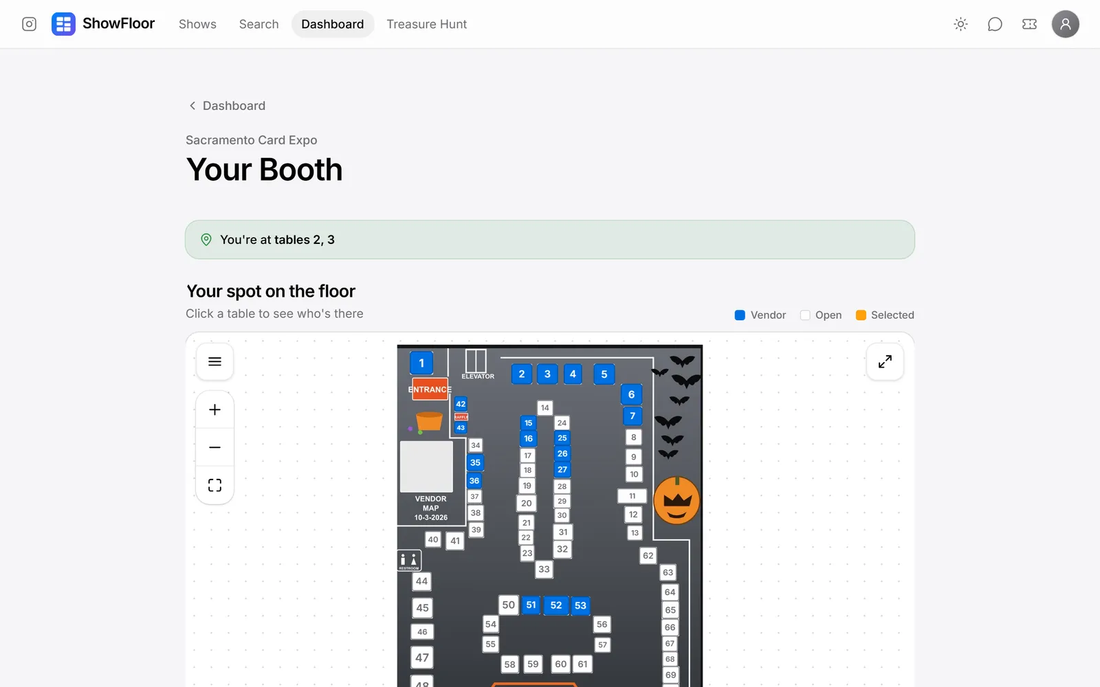 A vendor's booth page showing their tables on the map