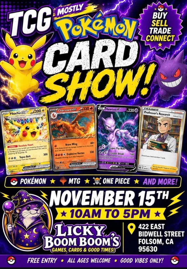 Flyer for Licky Boom Boom’s Card Show in Folsom, CA